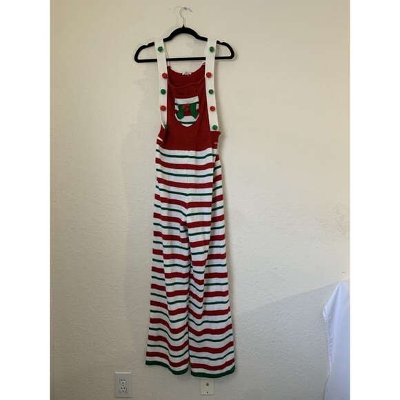 Eyeshadow Christmas Sweater Overalls Knit Red Green Women M Holiday Party Ugly - Picture 1 of 12
